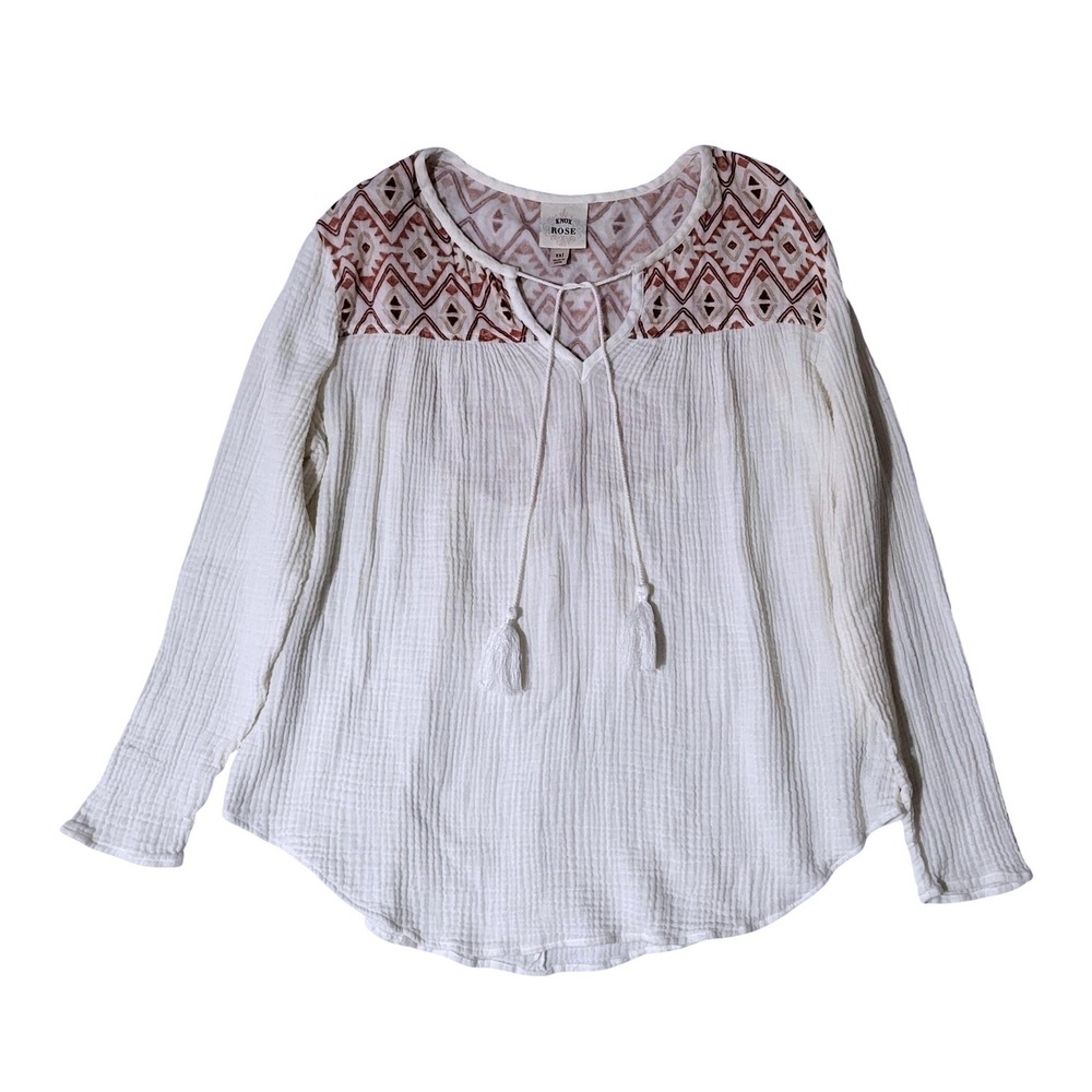 Knox Rose Top Women's‎ XXL White Peasant Top Boho Romantic Hippie Crinkle Cotton